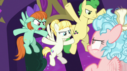 Size: 1920x1080 | Tagged: safe, screencap, cozy glow, huckleberry, peppermint goldylinks, summer breeze, pegasus, pony, g4, school raze, angry, belly, bow, female, filly, friendship student, hair bow, male, mare, stallion