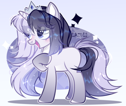 Size: 1830x1542 | Tagged: safe, artist:mint-light, oc, oc only, pony, unicorn, base used, crown, female, hoof on chest, horn, jewelry, missing cutie mark, open mouth, raised hoof, regalia, signature, smiling, solo, unicorn oc