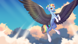 Size: 5750x3240 | Tagged: safe, artist:ohhoneybee, rainbow dash, pegasus, pony, g4, alternate design, colored wings, female, flying, large wings, mare, solo, wings