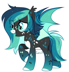 Size: 2308x2423 | Tagged: safe, artist:mint-light, oc, oc only, bat pony, pony, bat pony oc, bat wings, colored hooves, ethereal mane, eyelashes, high res, open mouth, raised hoof, signature, simple background, smiling, solo, starry mane, transparent background, wings