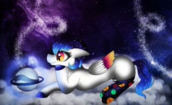 Size: 1080x660 | Tagged: safe, artist:rxndxm.artist, oc, oc only, pegasus, pony, colored hooves, pegasus oc, pony bigger than a planet, solo, space, starry eyes, stars, wingding eyes, wings