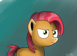 Size: 1027x738 | Tagged: safe, artist:lazymort, babs seed, pony, g4, angry, simple background, solo