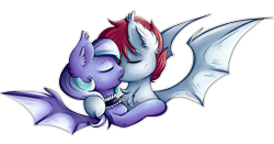 Size: 5999x3144 | Tagged: safe, artist:coco-drillo, oc, bat pony, pony, bat pony oc, bat wings, blushing, caress, chest fluff, collar, commission, couple, ear fluff, embrace, eyes closed, fangs, female, hug, kissing, male, oc x oc, outline, shipping, simple background, straight, transparent background, wings