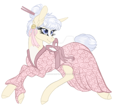Size: 1280x1095 | Tagged: safe, artist:nightbootypaw, oc, oc only, pony, unicorn, clothes, female, kimono (clothing), lying down, mare, prone, simple background, solo, transparent background