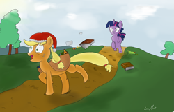 Size: 1843x1196 | Tagged: safe, artist:lazymort, applejack, twilight sparkle, earth pony, pony, unicorn, applebuck season, g4, angry, bag, book, christmas, drunk, drunk aj, female, galloping, hat, holiday, mare, open mouth, saddle bag, santa hat, unicorn twilight