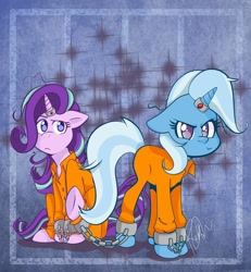 Size: 1280x1384 | Tagged: safe, artist:rick-elfen, starlight glimmer, trixie, g4, bound together, chained, clothes, cuffs, duo, frustrated, horn, horn ring, magic suppression, prison outfit, prisoner, prisoner sg, prisoner tx, ring, shackles