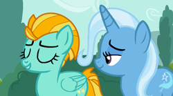 Size: 1012x562 | Tagged: safe, artist:jadeharmony, artist:tech-kitten, lightning dust, trixie, pegasus, pony, unicorn, g4, agnieszka fajlhauer, base used, bedroom eyes, bush, cute, duo, dustabetes, eyes closed, female, grin, lesbian, mare, polish, shipping, smiling, tree, trixiedust, voice actor joke