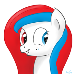 Size: 1262x1222 | Tagged: safe, artist:lazymort, oc, oc only, oc:shutter shock, pony, bust, heterochromia, simple background, smiling, solo, white background