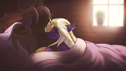 Size: 1920x1080 | Tagged: safe, artist:chebypattern, oc, oc only, oc:chebypattern, oc:fury si, alicorn, pony, alicorn oc, bed, bedroom, blanket, chimney, crepuscular rays, horn, in bed, light, messy mane, open mouth, plant pot, simple background, sleeping, sleeping on top of someone, smiling, window, wings