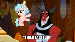 Size: 889x499 | Tagged: safe, edit, edited screencap, screencap, cozy glow, lord tirek, centaur, pegasus, pony, g4, the beginning of the end, belly, caption, duo, female, filly, image macro, implied farting, male, text