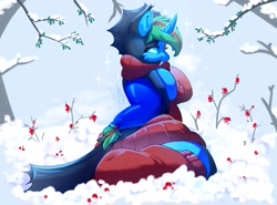 Size: 2300x1706 | Tagged: safe, artist:peachmayflower, oc, oc only, changeling, pony, clothes, scarf, snow, solo, winter