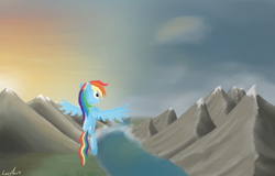 Size: 1192x762 | Tagged: safe, artist:lazymort, rainbow dash, pegasus, pony, g4, mountain, mountain range, scenery, solo, sunset, valley