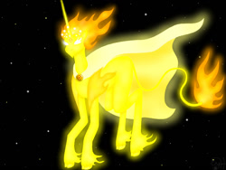 Size: 1200x900 | Tagged: safe, artist:orangebutterflystar, oc, oc only, oc:king sol, classical unicorn, pony, unicorn, cape, clothes, cloven hooves, glowing eyes, horn, leonine tail, male, mane of fire, solo, space, sun, unshorn fetlocks