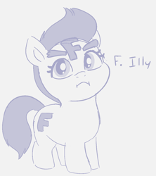 Size: 936x1056 | Tagged: safe, artist:heretichesh, oc, oc only, oc:f.illy, earth pony, pony, big eyebrows, crash bandicoot (series), female, filly, monochrome, sketch, solo