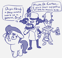 Size: 1106x1043 | Tagged: safe, artist:heretichesh, oc, oc:f.illy, earth pony, human, pony, crash bandicoot (series), crossover, dialogue, dr. neo cortex, dr. nitrus brio, female, filly, gloves, mad scientist, monochrome, potion, rubber gloves, scared, sketch, text, vial