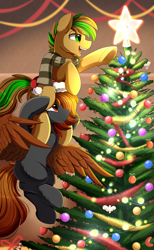 Size: 2559x4150 | Tagged: safe, artist:pridark, oc, oc only, oc:baysick, oc:spirikon, earth pony, pegasus, pony, christmas, christmas tree, clothes, commission, duo, earth pony oc, eyebrows, eyebrows visible through hair, flying, high res, holiday, open mouth, open smile, pegasus oc, scarf, smiling, spread wings, tree, wings