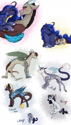 Size: 1280x2240 | Tagged: safe, artist:periwinklechick, discord, princess luna, oc, oc:chimera, oc:cresent moon, oc:frigid night, oc:lullabye, oc:mirage, alicorn, draconequus, hybrid, pony, g4, curved horn, female, half-siblings, horn, interspecies offspring, male, mare, offspring, parent:discord, parent:princess luna, parent:tree hugger, parents:lunacord, parents:treecord, ship:lunacord, shipping, straight