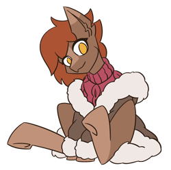 Size: 1386x1381 | Tagged: safe, artist:sneetymist, derpibooru exclusive, oc, oc only, oc:soft coffee, earth pony, pony, 2021 community collab, derpibooru community collaboration, blank flank, clothes, coat markings, female, fluffy, fur coat, jacket, mare, no tail, parka, simple background, sitting, socks (coat markings), solo, sweater, transparent background, winter clothes, winter coat, winter outfit
