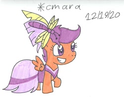 Size: 992x772 | Tagged: safe, artist:cmara, scootaloo, pegasus, pony, g4, clothes, cute, cutealoo, dress, female, filly, gala dress, grin, raised hoof, simple background, smiling, solo, traditional art, white background