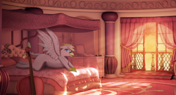 Size: 1126x607 | Tagged: safe, artist:josipbrozbeforehoes, oc, oc:gabriela eagleclaw, griffon, equestria at war mod, bed, cello, crown, jewelry, looking at you, musical instrument, pillow, regalia, window