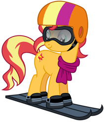 Size: 1024x1211 | Tagged: safe, artist:emeraldblast63, sunset shimmer, pony, unicorn, g4, backwards cutie mark, clothes, cute, female, helmet, mare, scarf, shimmerbetes, simple background, ski helmet, skiing, skis, smiling, solo, transparent background, vector