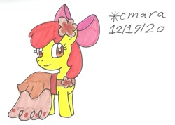 Size: 1086x772 | Tagged: safe, artist:cmara, apple bloom, earth pony, pony, g4, apple bloom's bow, bow, clothes, dress, female, filly, gala dress, hair bow, simple background, solo, traditional art, white background