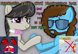 Size: 1280x896 | Tagged: safe, artist:grapefruitface1, derpibooru exclusive, octavia melody, oc, oc:electric light (jeff lynne pony), pony, g4, album cover, aviator sunglasses, base used, beard, bowtie, canon x oc, crossed out, facial hair, genesis, holding hooves, hoofshake, in-joke, jeff lynne, king crimson, looking at you, meme, ponified, ponified album cover, progressive rock, rock (music), shipping, show accurate, sunglasses, updated