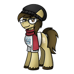 Size: 1240x1240 | Tagged: safe, artist:sugar morning, oc, oc only, oc:bay mac, pony, beanie, clothes, dun, fugazi, glasses, hat, looking at you, male, scarf, shirt, simple background, solo, stallion, t-shirt, transparent background, unshorn fetlocks