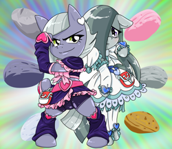 Size: 1480x1280 | Tagged: safe, alternate version, artist:batipin, limestone pie, marble pie, earth pony, semi-anthro, g4, arm hooves, clothes, cosplay, costume, cure black, cure white, duo, floppy ears, hair over one eye, pretty cure