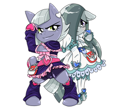 Size: 1480x1280 | Tagged: safe, artist:batipin, limestone pie, marble pie, earth pony, semi-anthro, clothes, cosplay, costume, cure black, cure white, floppy ears, hair over one eye, pretty cure, simple background, transparent background