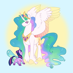 Size: 1500x1500 | Tagged: safe, artist:britebuck, princess celestia, twilight sparkle, alicorn, pony, unicorn, g4, alternate design, colored wings, colored wingtips, curved horn, duo, female, filly, filly twilight sparkle, gradient background, horn, jewelry, leonine tail, regalia, unicorn twilight, younger