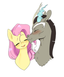 Size: 3001x3627 | Tagged: safe, artist:aztrial, discord, fluttershy, draconequus, pegasus, pony, g4, blushing, bust, cheek kiss, commission, commissioner:ameliacostanza, cute, female, high res, kissing, male, ship:discoshy, shipping, shyabetes, simple background, straight, transparent background