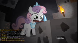 Size: 1255x701 | Tagged: safe, artist:jan, edit, sweetie belle, don't mine at night, g4, cave, coal, diamond pickaxe, implied button mash, implied noi, implied truffle shuffle, jewelry, minecraft, peytral, pickaxe, text, this will end in explosions, tiara, torch