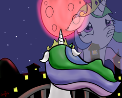 Size: 5000x4000 | Tagged: safe, artist:grassy blade, princess celestia, alicorn, pony, g4, balcony, blood moon, moon, night, paint tool sai, scared