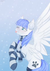 Size: 1448x2048 | Tagged: safe, artist:cottonaime, oc, oc only, oc:snow pup, pegasus, pony, blushing, clothes, earmuffs, one eye closed, pegasus oc, rearing, scarf, simple background, snow, snowfall, snowflake, socks, solo, spread wings, striped scarf, striped socks, tongue out, wings, wink, winter outfit