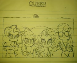Size: 3001x2482 | Tagged: safe, artist:paulli, applejack, pinkie pie, rainbow dash, rarity, pony, g4, album cover, brian may, clothes, crossed hooves, drawing, freddie mercury, high res, jacket, john deacon, leather jacket, lined paper, photo, queen (band), roger taylor, sunglasses, traditional art
