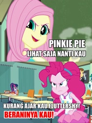 Size: 1717x2284 | Tagged: safe, edit, edited screencap, screencap, fluttershy, pinkie pie, sci-twi, twilight sparkle, a little birdie told me, equestria girls, equestria girls specials, g4, my little pony equestria girls: better together, my little pony equestria girls: rollercoaster of friendship, the last day of school, angry, angry pinkie pie, geode of sugar bombs, implied rainbow dash, indonesian, magical geodes, narrowed eyes, rage
