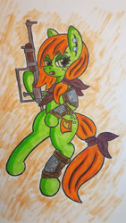 Size: 1024x1821 | Tagged: safe, artist:dice-warwick, oc, oc only, oc:lottery, earth pony, pony, fallout equestria, armor, butt freckles, ear piercing, earring, freckles, jewelry, piercing, pipe rifle, solo