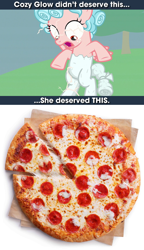 Size: 1204x2084 | Tagged: safe, edit, edited screencap, screencap, cozy glow, pegasus, pony, g4, the ending of the end, abuse, belly, cozy deserved this, discussion in the comments, female, filly, food, meat, pepperoni, pepperoni pizza, petrification, pizza