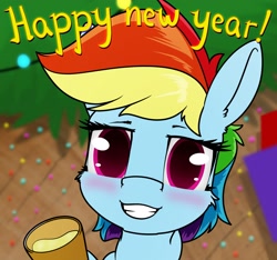 Size: 1602x1500 | Tagged: safe, artist:dacaoo, rainbow dash, pegasus, pony, g4, blushing, drink, female, happy new year, holiday, mare, smiling, smiling at you, solo