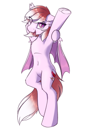 Size: 1200x1800 | Tagged: safe, artist:ravistdash, derpibooru exclusive, oc, oc:coloured glaze rose, bat pony, 2021 community collab, derpibooru community collaboration, bat pony oc, bat wings, bipedal, looking at you, open mouth, simple background, standing, stretching, transparent background, underhoof, wings