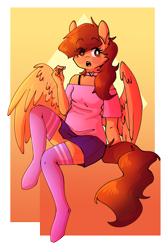 Size: 1392x2071 | Tagged: safe, artist:kitberryart, oc, oc only, oc:alto clef, pegasus, anthro, unguligrade anthro, choker, clothes, commission, cute, eye clipping through hair, female, lipstick, open mouth, simple background, sitting, skirt, socks, solo, thigh highs