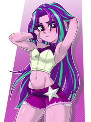 Size: 670x900 | Tagged: safe, artist:ta-na, aria blaze, equestria girls, :<, abstract background, adonis belt, adorasexy, ariabetes, arm behind head, armpits, belly button, belt, blushing, booty shorts, bracelet, breasts, busty aria blaze, clothes, corset, cute, daisy dukes, ear piercing, eyelashes, eyeshadow, female, fit, frown, jewelry, large voluminous hair, looking at you, loose hair, makeup, midriff, piercing, pose, sexy, short shirt, shorts, sideboob, sleeveless, solo, stupid sexy aria blaze, thighs, wide hips