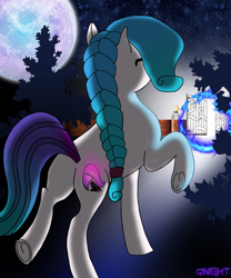 Size: 2464x2964 | Tagged: safe, artist:qnighter, oc, oc only, oc:aurora starling, dragon, pony, gate, glowing cutie mark, high res, moon, night, solo, stars, tree