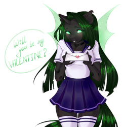 Size: 1024x1063 | Tagged: safe, artist:bylullabysoft, oc, oc only, changeling, anthro, blushing, breasts, changeling oc, clothes, digital art, female, green changeling, letter, looking at you, love letter, school uniform, senpai, shirt, simple background, skirt, socks, solo, speech bubble, spread wings, text, thigh highs, thighs, wings
