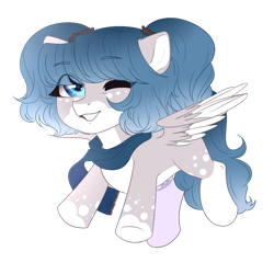 Size: 900x900 | Tagged: safe, artist:bylullabysoft, oc, oc only, pegasus, pony, chibi, digital art, female, hooves, looking at you, mare, one eye closed, simple background, solo, spread wings, transparent background, wings