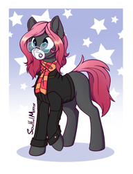 Size: 1000x1300 | Tagged: safe, alternate version, artist:soulfulmirror, oc, oc only, oc:soulful mirror, earth pony, pony, clothes, glasses, gradient background, jacket, male, mask, pink hair, pink mane, ponysona, scarf, simple background, solo, stallion