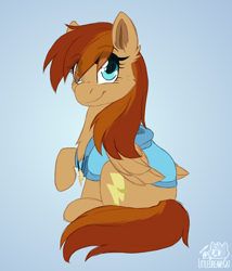 Size: 1800x2100 | Tagged: safe, artist:lionbun, oc, oc only, oc:thunder twirl, pegasus, pony, blue background, chest fluff, clothes, eye clipping through hair, female, hoodie, looking at you, mare, patreon, patreon reward, raised hoof, simple background, sitting, smiling, solo
