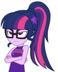 Size: 826x1022 | Tagged: safe, artist:sollace, sci-twi, twilight sparkle, equestria girls, equestria girls specials, g4, my little pony equestria girls: better together, my little pony equestria girls: spring breakdown, .svg available, angry, annoyed, clothes, crossed arms, cruise outfit, dress, female, geode of empathy, geode of shielding, geode of sugar bombs, geode of super speed, geode of super strength, geode of telekinesis, glasses, magical geodes, ponytail, rage, sci-twi is not amused, show accurate, simple background, sleeveless, solo, svg, transparent background, twilight sparkle is not amused, unamused, vector