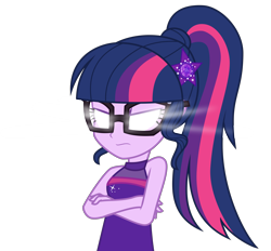 Size: 4016x3723 | Tagged: safe, alternate version, artist:sollace, sci-twi, twilight sparkle, equestria girls, equestria girls series, g4, spring breakdown, .svg available, angry, annoyed, blank eyes, clothes, crossed arms, dress, female, geode of empathy, geode of shielding, geode of sugar bombs, geode of super speed, geode of super strength, geode of telekinesis, glasses, glowing eyes, magical geodes, ponytail, rage, sci-twi is not amused, show accurate, simple background, sleeveless, solo, transparent background, twilight sparkle is not amused, unamused, vector, white eyes